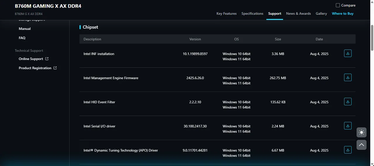 Драйвер чипсета на странице поддержки GIGABYTE